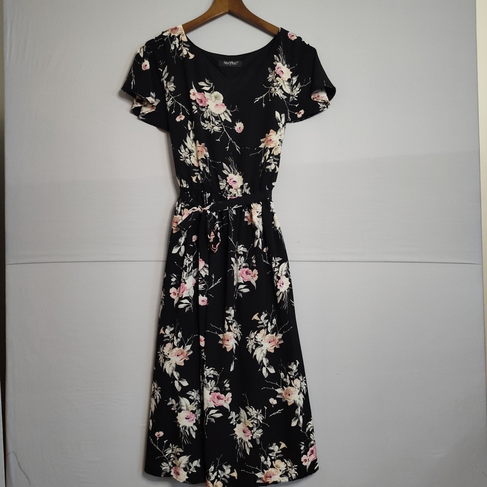 Noctflos Womens Black Floral V-Neck Midi Dress Short Sleeve Tie Waist Size L